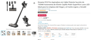 Dreame R10 Pro Aspiradora sin Cable Potente Succión de 150AW Solo por 229€