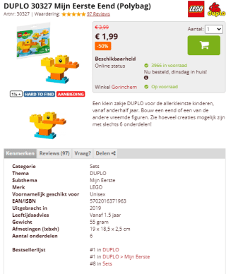 LEGO DUPLO Mijn eerste eend 30327 voor €1,99 bij Brickshop