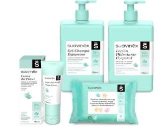 Pack Suavinex Cosmética 4 productos (Gel-Champú Espumoso 750 ml + Loción Hidratante 750 ml + Crema Pañal 75 ml + Pack Toallitas 25 uds) por 18.99€