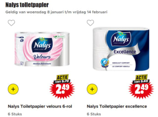 6 Rollen toiletpapier Nalys Excellence 5-laags of Velours 3-laags voor €2,49 bij Dirk
