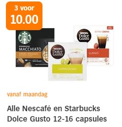 Alle Nescafé en Starbucks Dolce Gusto 12-16 capsules 3 stuks voor €10 bij de AH