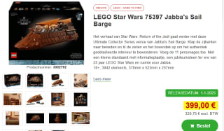 LEGO Jabba's zeilschip voor €399 bij Proshop