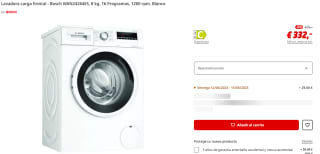 Lavadora carga frontal - Bosch WAN24264ES, 8 kg, 16 Programas, 1200 rpm por 332€