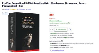 Scoor een Purina Pro Plan Puppy startpakket met een zak van 3 kg puppyvoer of kittenvoer voor maar €5 i.p.v. €25 via deze kortingsactie op Bol.com