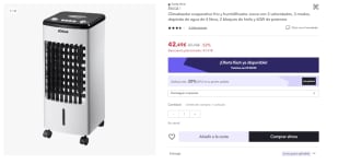 Climatizador evaporativo frío y humidificador Jocca con 3 velocidades, 3 modos, depósito de agua de 4 litros por 33.99€