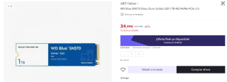 Disco duro WD Blue SN570 Disco Duro Solido SSD 1TB M2 NVMe PCIe 3.0 por 26,24€
