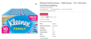 Kleenex Family tissues - 1280 tissues voor €16,99 via Amazon prime