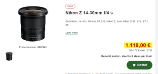 Nikon Z 14-30mm f/4.0 S voor €1.119 bij Proshop