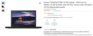 Lenovo ThinkPad T480 14"HD Reacondicionado por $4,546 en Amazon
