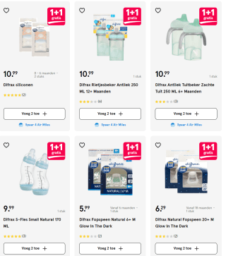 1+1 gratis op veel Difrax fopspenen en flessen via Etos