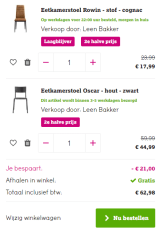 2e halve prijs op eetkamerstoelen bij Leen Bakker