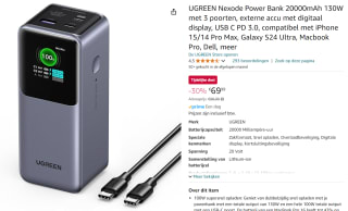 UGREEN Nexode Power Bank 20000mAh 130W met 3 poorten voor €69,99 bij Amazon