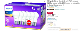 Pack 6 Bombillas LED Philips Lighting esférica E27, blanco cálido, 1055 lúmenes. por 12.99€
