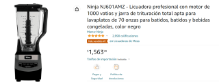Licuadora Ninja NJ601AMZ a $1,563 en Amazon