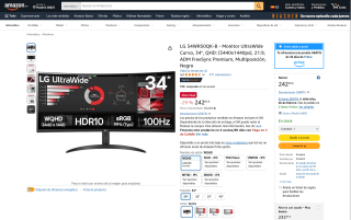 Monitor LG UltraWide 34'' QHD curvo por 242,05€