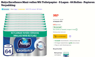 Nalys Excellence Maxi-Vellen Toiletpapier met 5 Lagen 64 rollen voor €35,21bij Bol.com