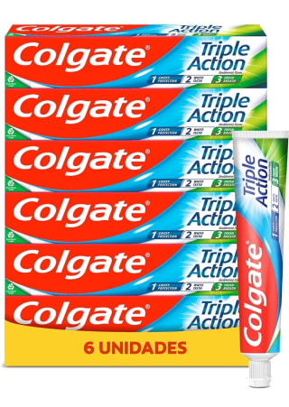 Pack de 6×75ml Colgate Triple Acción, Pasta de Dientes con Flúor, Protección Anticaries por 7,31€.