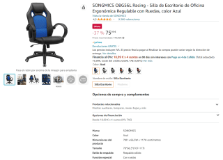 Silla Ergonómica Regulable con Ruedas marca Songmics OBG56L Racing por 75,99€