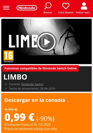 Limbo Nintendo Switch por 0,99€.