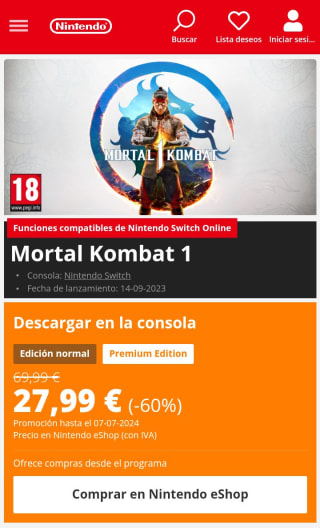 Mortal Kombat 1 juego Nintendo por 27,99€