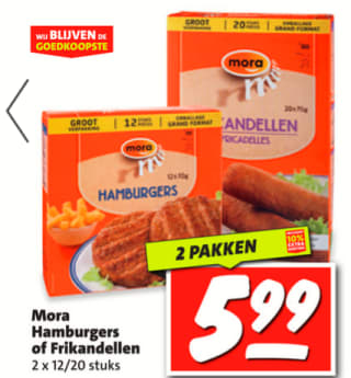2 pakken Mora Hamburgers of Frikandellen voor €5,99 bij de Nettorama