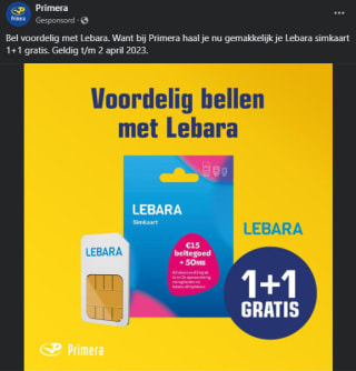 1+1 gratis op Lebara simkaart bij Primera