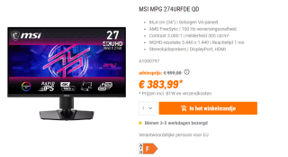 MSI MPG 274URFDE QD Gaming monitor voor €383,99 bij Nbb