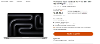 Ordinateur Apple Macbook Pro 14' M3 16Go RAM 1TO SSD Argent à 1.699€