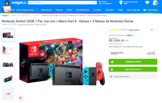 Console da Nintendo, modelo Switch com Joy-Con Neon, Jogo Mario Kart 8 Deluxe e 3 Meses de Assinatura - R$ 2.069,10