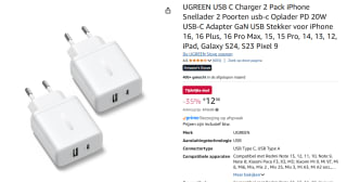 2 stuks UGREEN 20W USB-C/USB-A GaN Opladers voor €12,98 bij Amazon