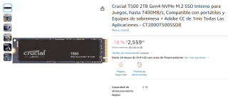 SSD Crucial T500 2TB Gen4 NVMe M.2 por $2,560 en Amazon