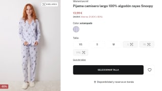 Pijama camisero largo 100% algodón rayas Snoopy de Mujer por 13.99€