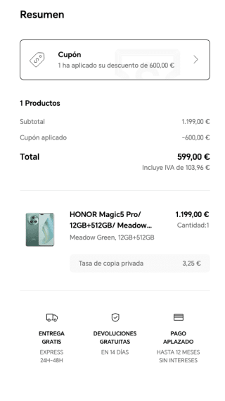 Móvil HONOR Magic5 Pro 12/512GB a solo 599€