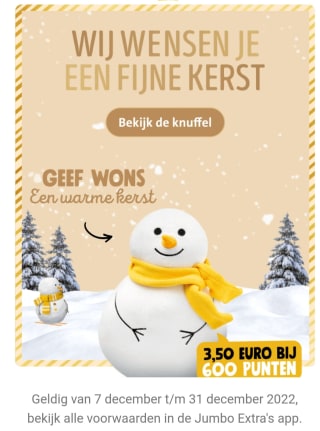 50% korting op de Wons sneeuwpop-knuffel tegen inlevering van 600 punten bij Jumbo