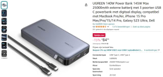 UGREEN 140W Power Bank 25000mAh voor €84,99 bij Amazon