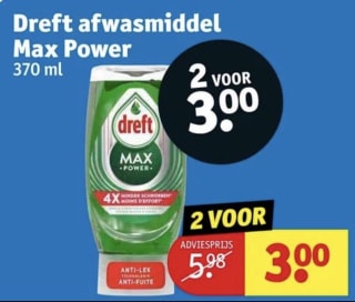 Dreft afwasmiddel Max Power 2 voor €3