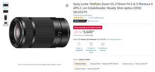 Lente Sony Telefoto Zoom 55-210mm Montura E por $3,600 en Amazon