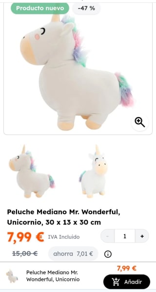 Peluche Mediano Unicornio Mr. Wonderful por 7,99€.