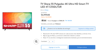 Smart TV Sharp 55" 4K UHD a $6,999 en Walmart
