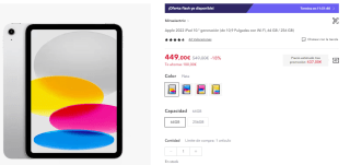Apple 2022 iPad de 10,9 Pulgadas (Wi-Fi, 64 GB) -Plata (10.ª generación) por 437€