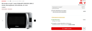 Microondas Candy COOKinAPP CMXG22DS, 800W, 5 niveles, 22l, Función Grill, Descongelación, Función Eco, Inicio diferido, Inox por 65,29€