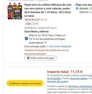 12 botellas Pepsi zero sin cafeína de 1.75 litros por 11,15€