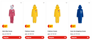 Pokémon/ Sonic/Hello Kitty onesie voor €9,99 bij Kruidvat