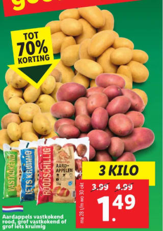 3 Kilo aardappels vastkokend rood, grof vastkokend of grof iets kruimig voor €1,49 bij de Lidl