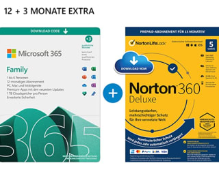 Microsoft 365 Family (6 accounts) (12+3 maanden) + Norton 360 Deluxe voor €51,99 bij Amazon.de