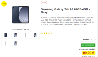 Samsung Galaxy Tab A9 WiFi 64GB X110 Blauw voor €99 bij Proshop