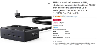 UGREEN 6-in-1 stekkerdoos met USB - Max 3680W met 1,5 m verlengkabel voor €20,99 bij Amazon
