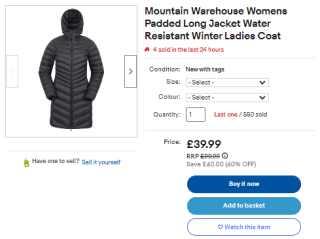 Earn Mountain Warehouse women's padded long jacket sold at eBay for £29.99