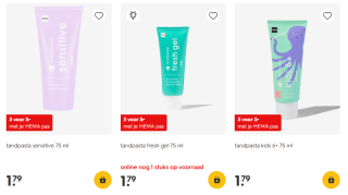 3 tubes HEMA tandpasta voor €3 bij Hema