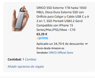 ORICO SSD Externo 1TB hasta 1050 MB/s por 63,29€